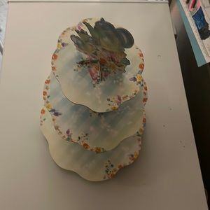 Tea party cupcake stand with 8  Alice in Wonderland sign labels with stickers.